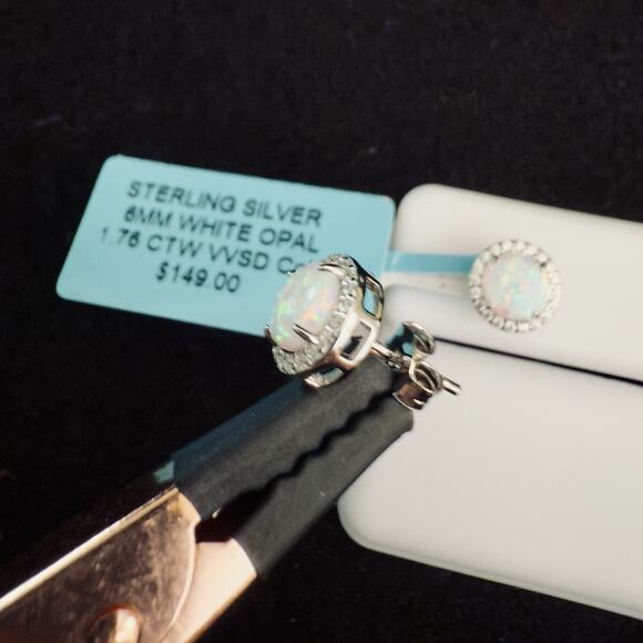 Beautiful Genuine White Opal & Moissanite Halo Stud Earrings 925~New~Retail $149 - Picture 10 of 12